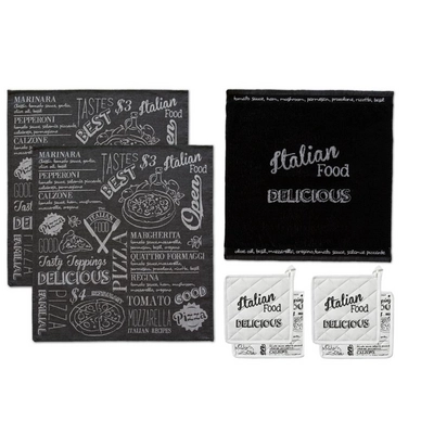 DDDDD Italian Food Combiset Zwart/Wit Theedoek Keukendoek Pannenlap (Katoen)